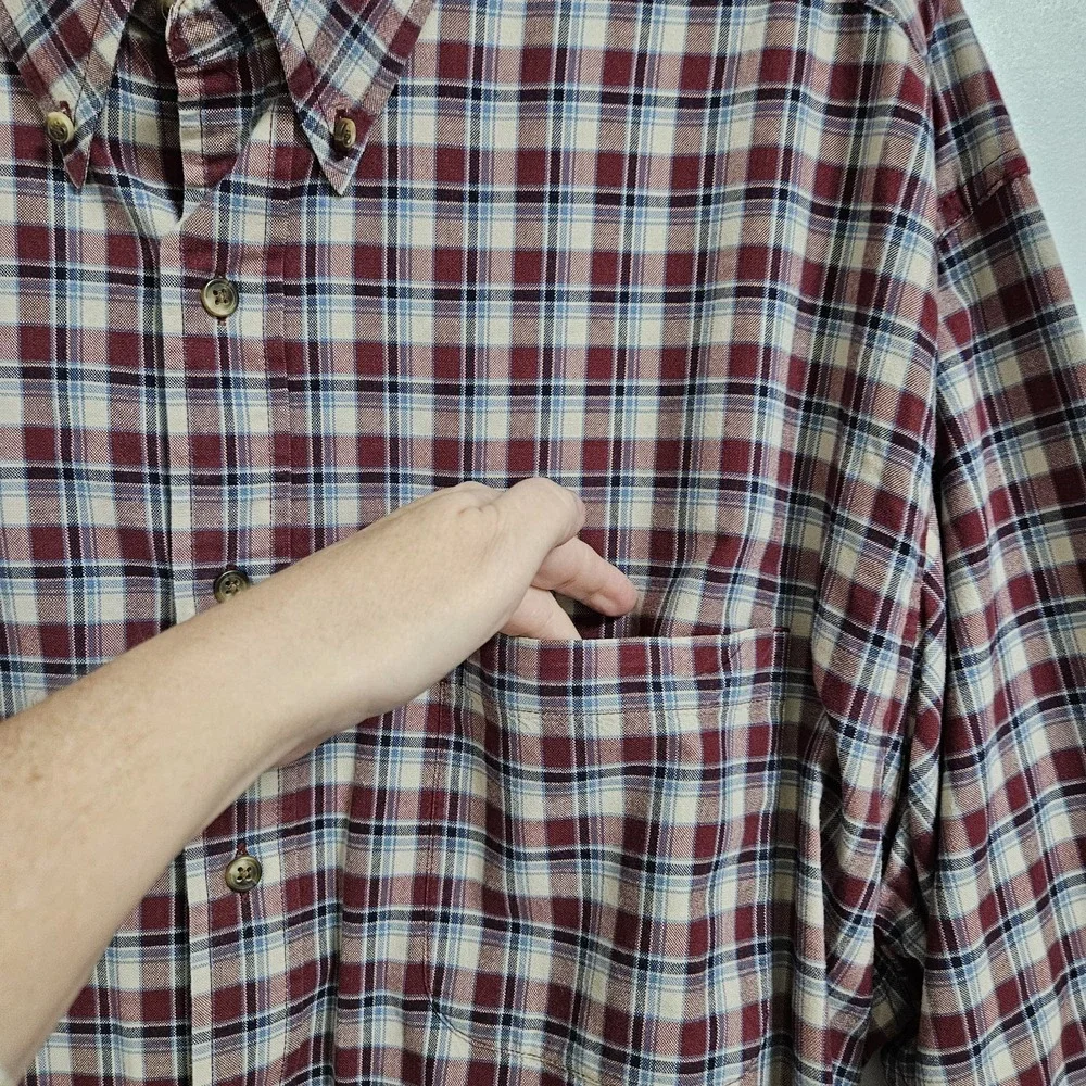 Eddie Bauer Shirt Mens XXL Maroon Blue Plaid Cotton Long Sleeve‎ Button Down